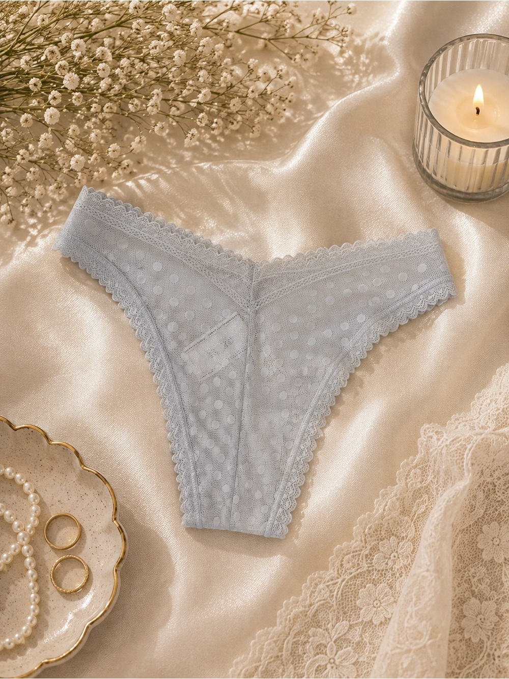 PINK Victoria's Secret Light Gray Polka Dot Lace Thong Size XS